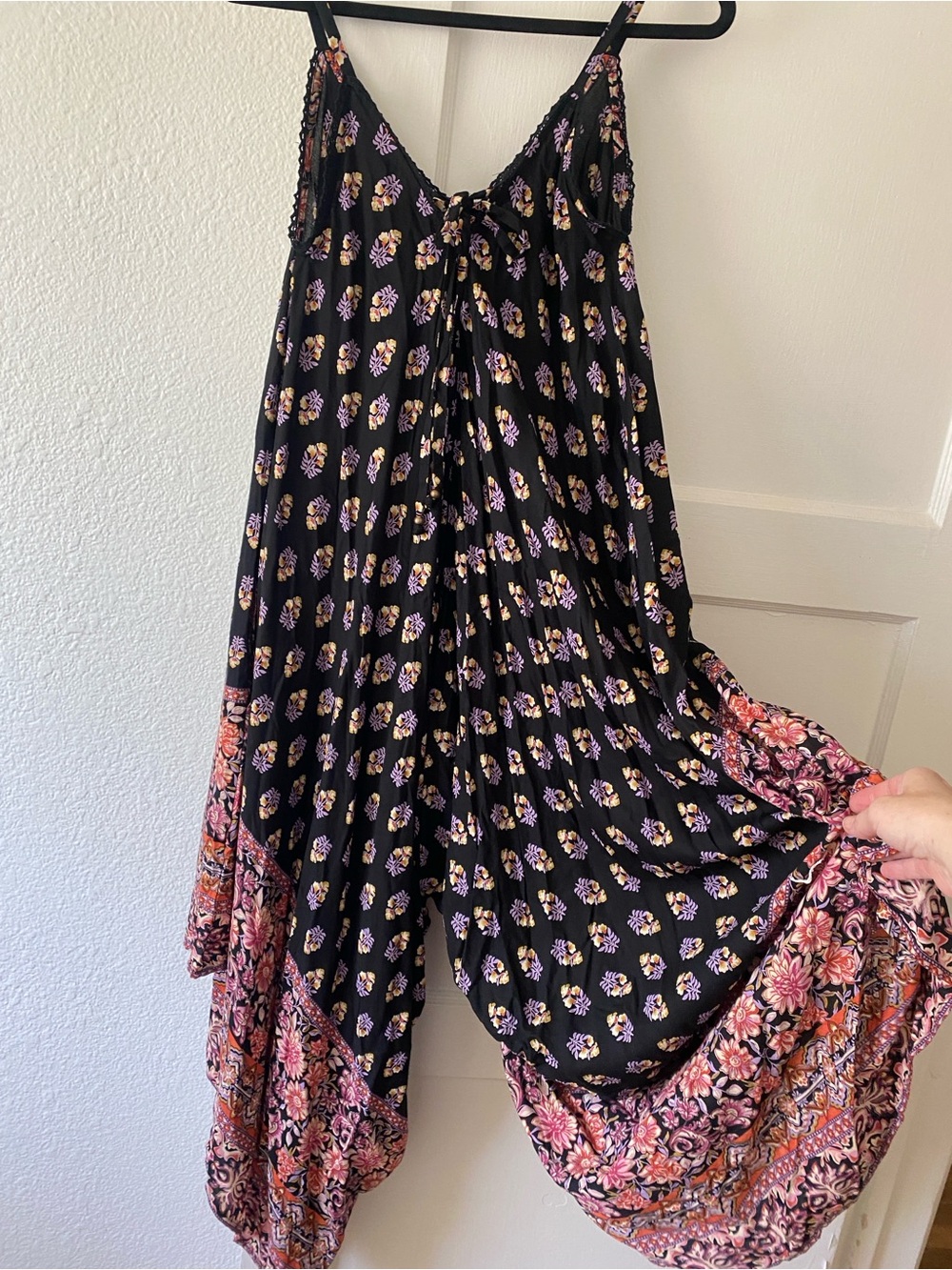 Angie Boho Jumpsuit Dress with block print and pink pattern border